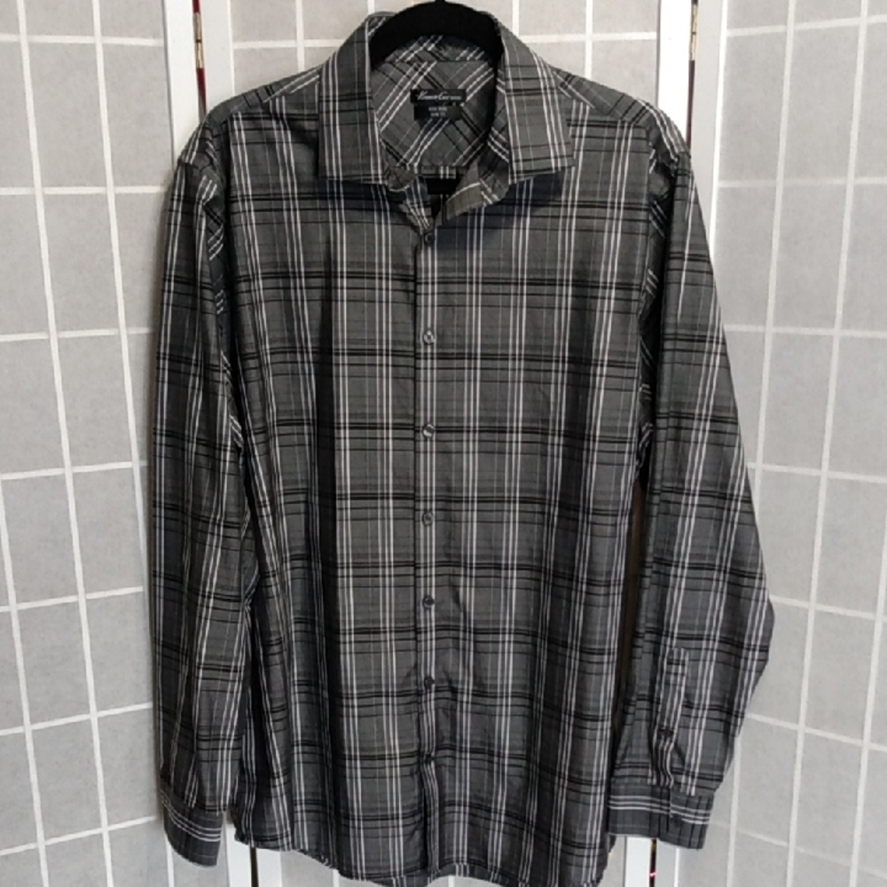 *Kenneth Cole New York Mens Slim Fit Plaid‎ Non Iron Dress Shirt 16 1/2 (34 35)